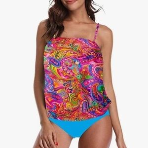 Chenghe Bandeau Blouson Tankini Top High Waisted Bottom Paisley Print Set Size M